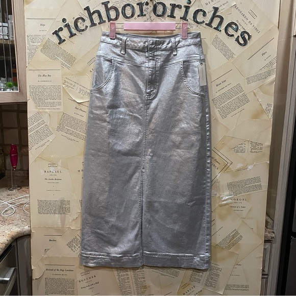 Anthropologie Pilcro Structured Column Midi Skirt Zip Pockets Coated Slit - Picture 3 of 6